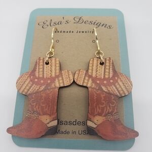 528- Cowgirl Western Boot Wooden Earrings Handmade NWT